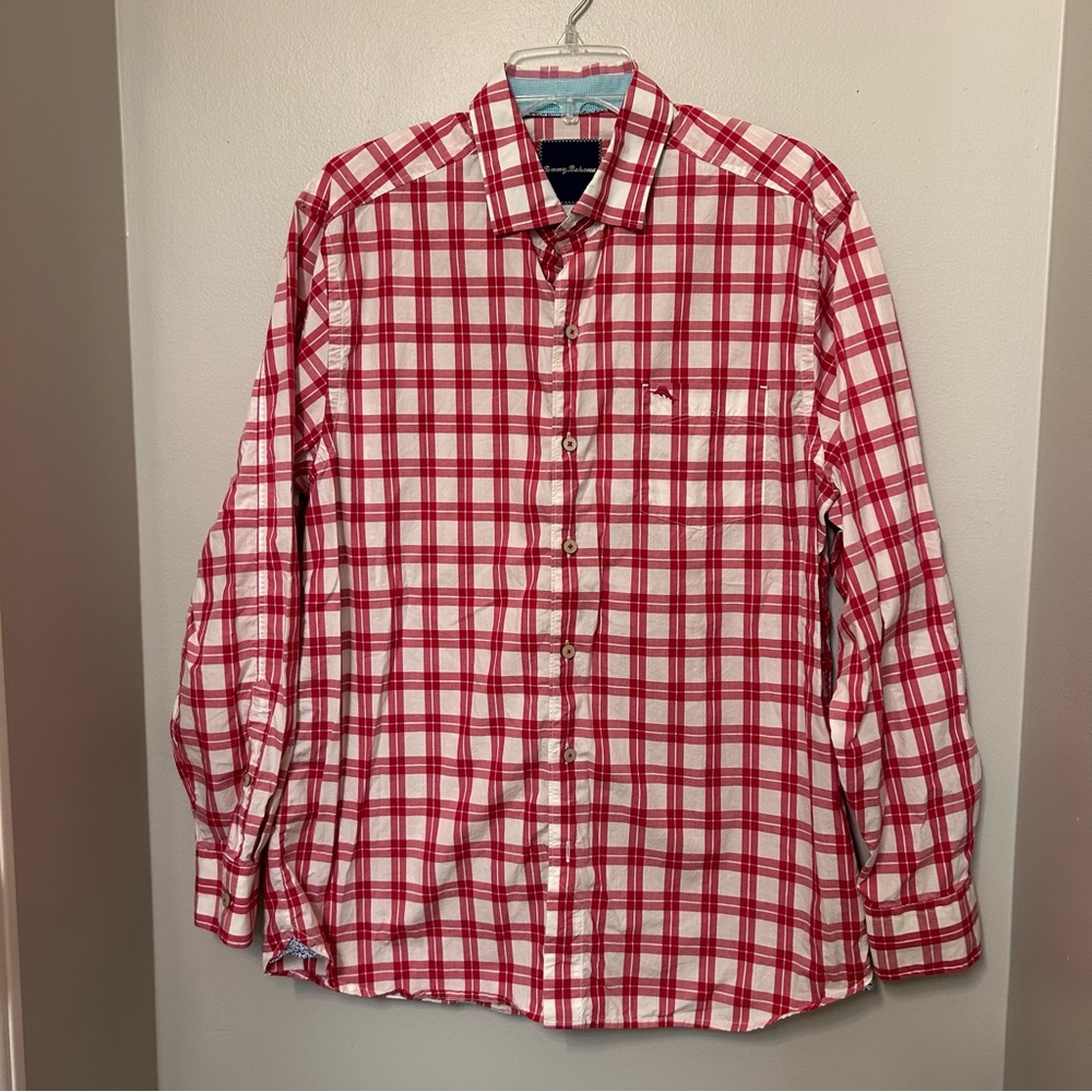 Tommy Bahama‎ Button Up Shirt Mens Medium Pink Check  Preppy Casual Long Sleeve